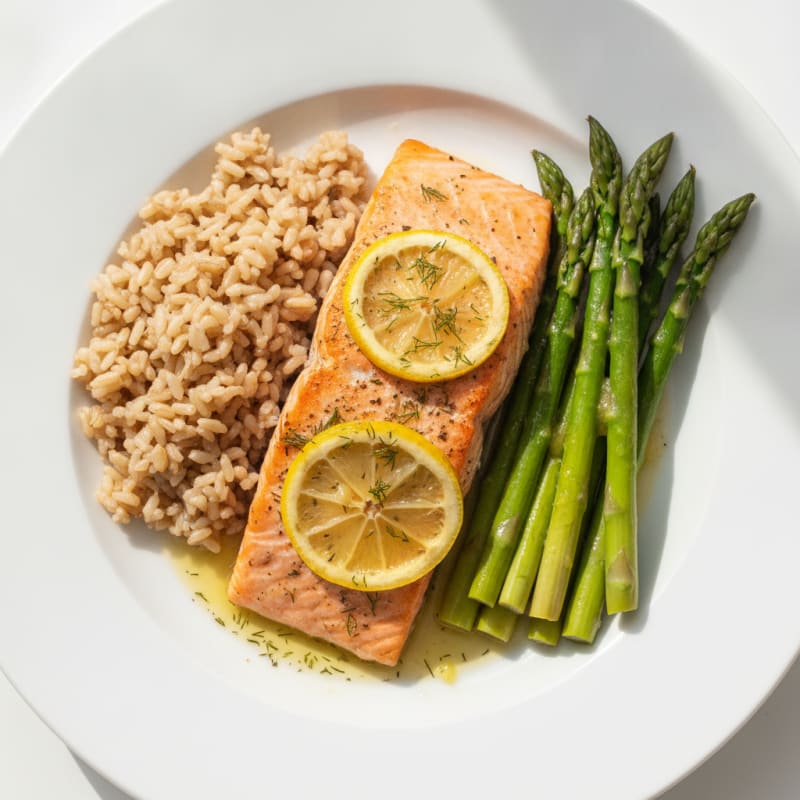 Baked Salmon with Steamed Asparagus and Brown Rice