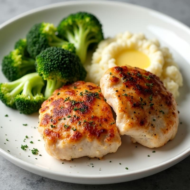 Seared Chicken Thighs with Steamed Broccoli and Garlic Cauliflower Mash