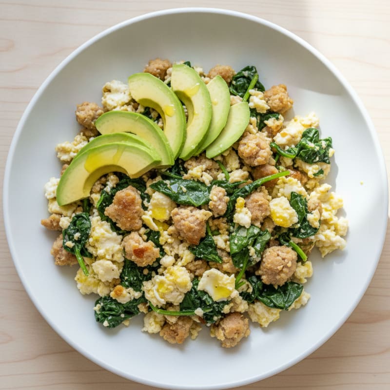 Egg White and Turkey Sausage Scramble with Sautéed Spinach