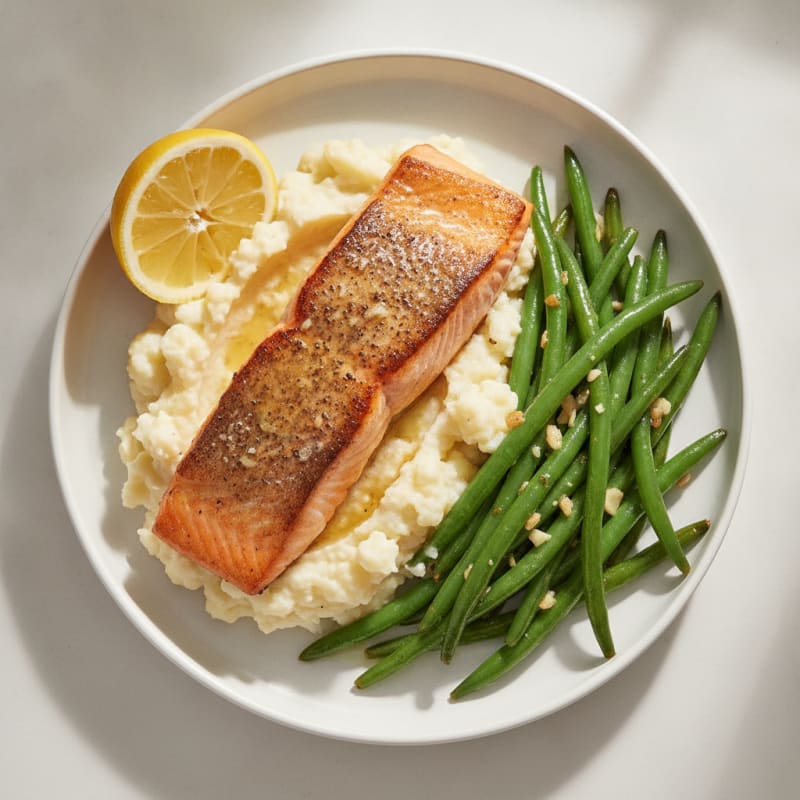 Seared Salmon with Garlic Green Beans and Cauliflower Mash