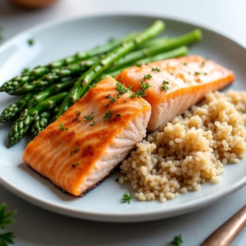 Seared Salmon with Steamed Asparagus and Brown Rice