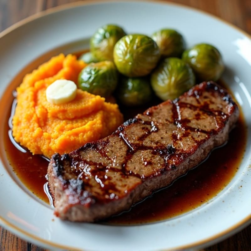 Pan-Seared Steak with Balsamic Glazed Brussels Sprouts and Creamy Sweet Potato Mash