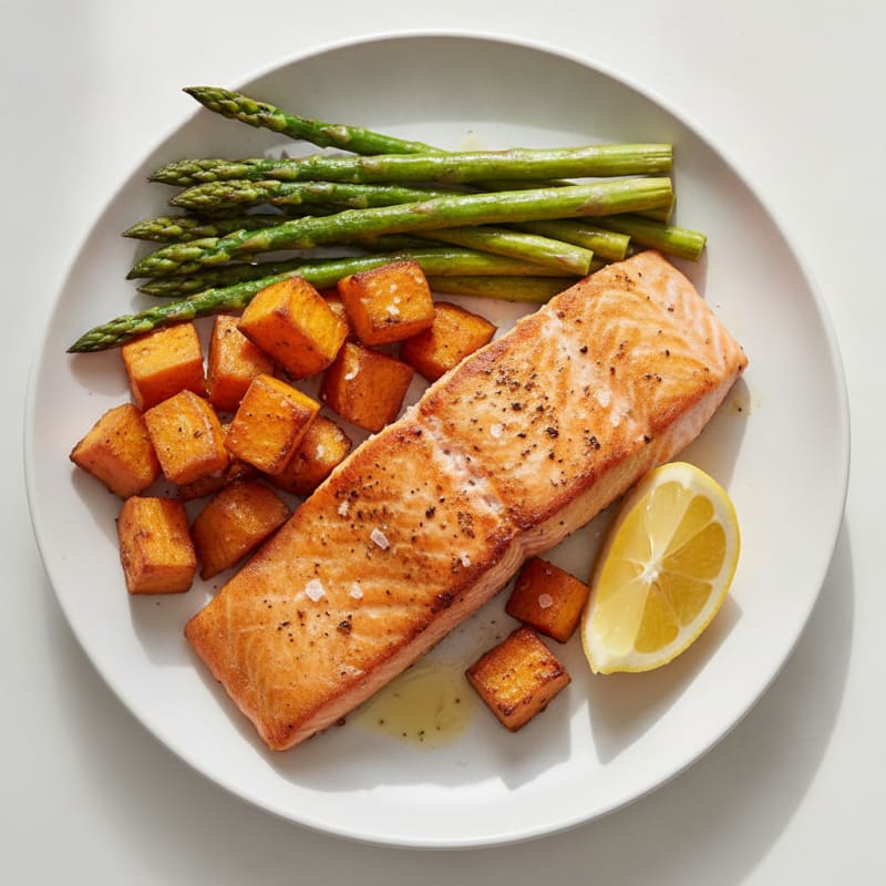 Seared Salmon Fillet with Roasted Sweet Potato and Asparagus
