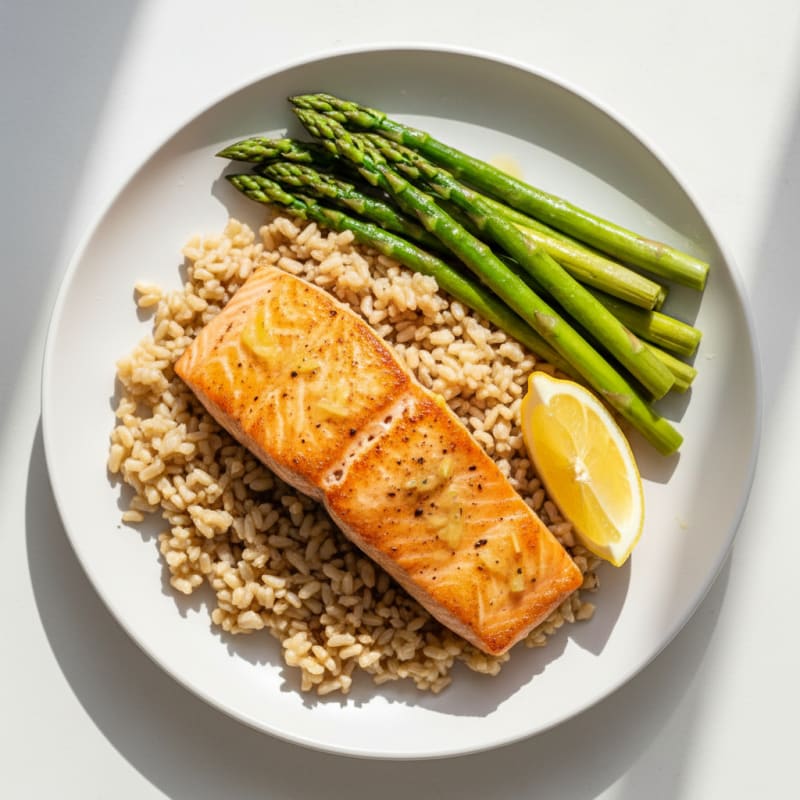 Seared Salmon with Steamed Asparagus and Brown Rice