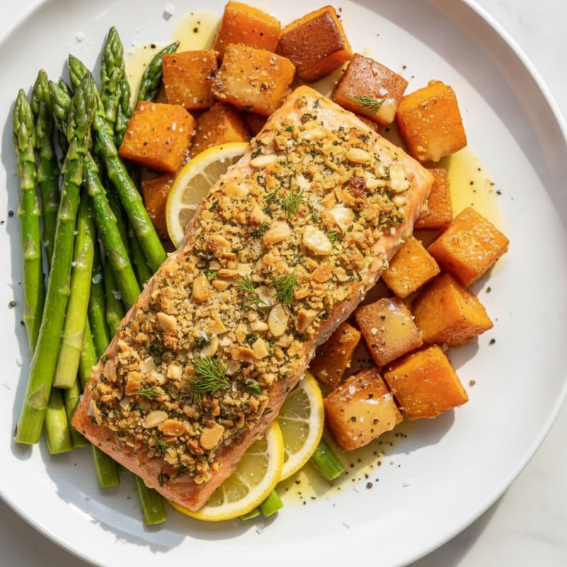 Herb-Crusted Salmon with Roasted Sweet Potatoes