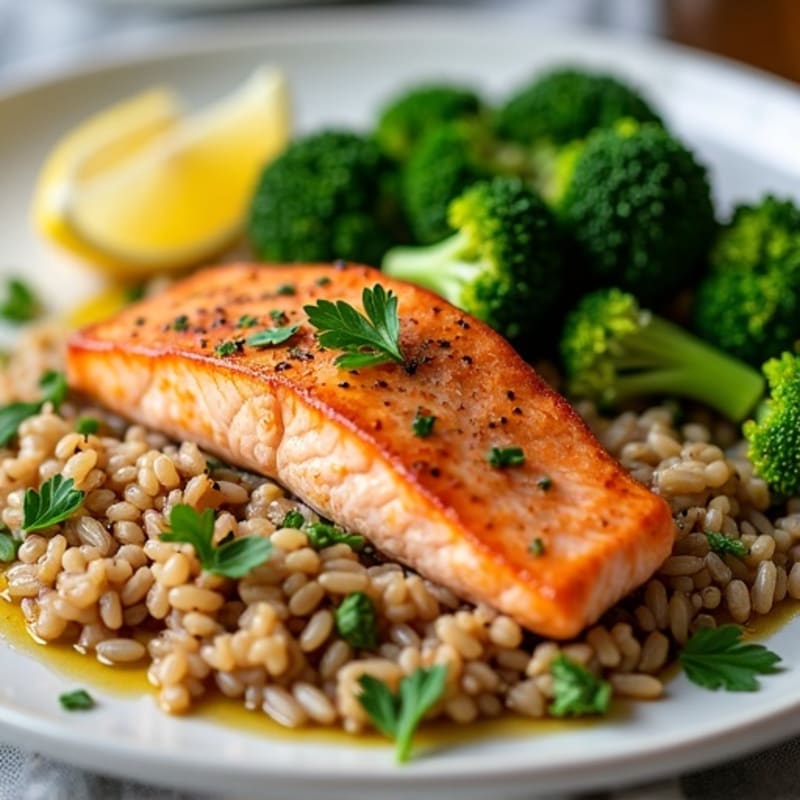 Seared Salmon with Steamed Broccoli and Herbed Brown Rice