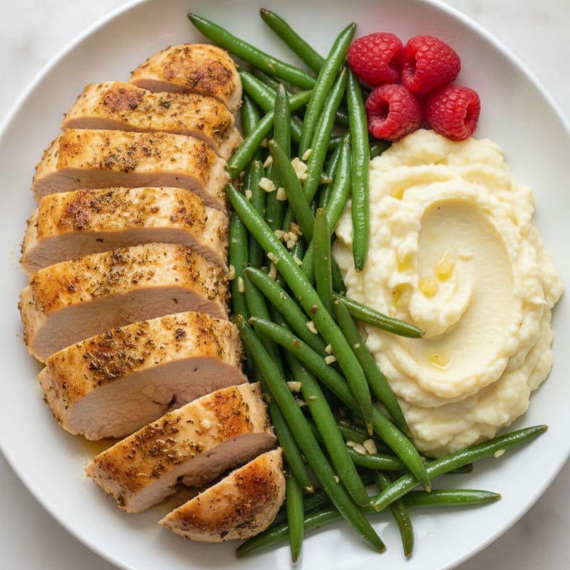 Seared Turkey Breast with Garlic Green Beans and Mashed Cauliflower