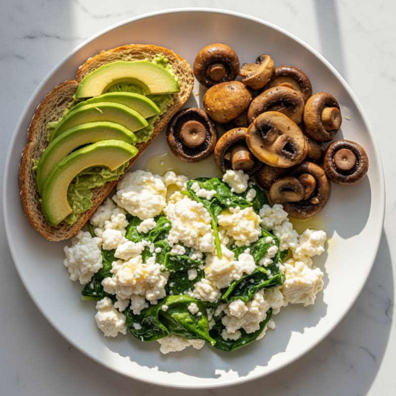Cottage Cheese and Spinach Egg White Scramble with Sautéed Mushrooms