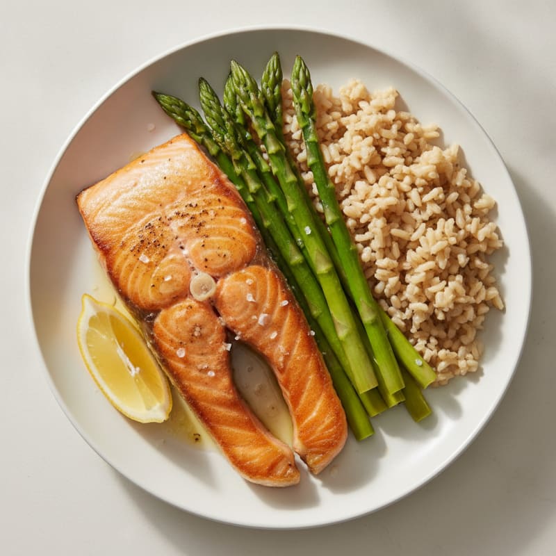Seared Salmon with Steamed Asparagus and Brown Rice