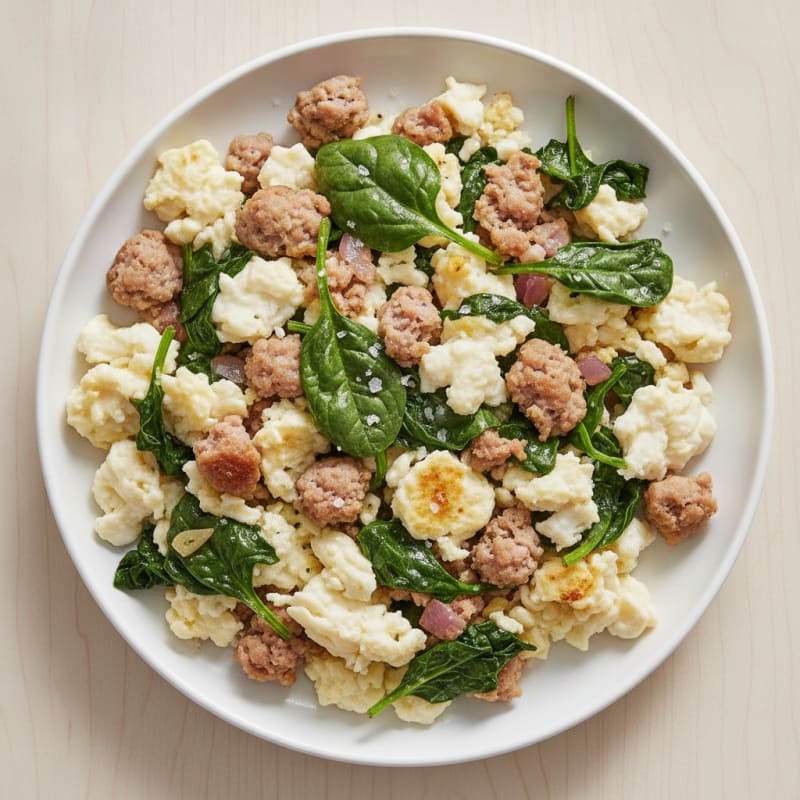 Egg White and Turkey Sausage Scramble with Sautéed Spinach