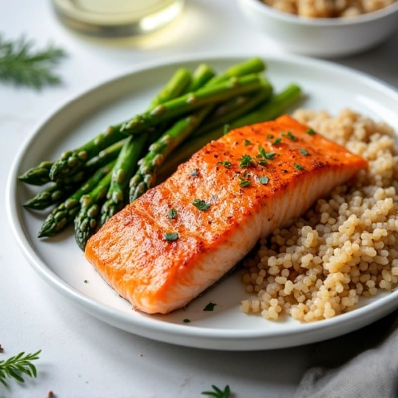 Seared Salmon Fillet with Steamed Asparagus and Brown Rice