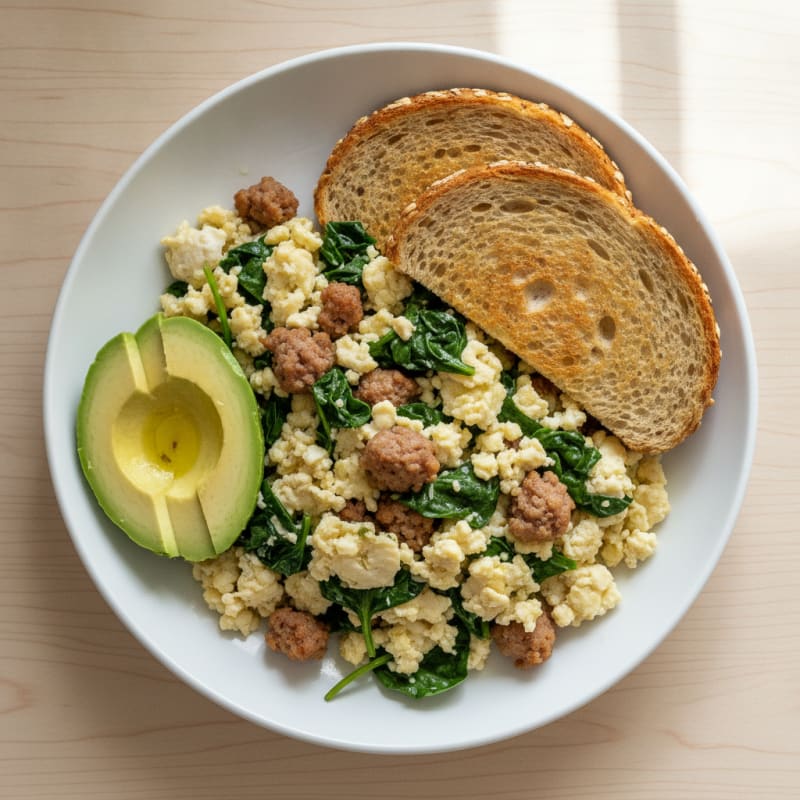 Egg White and Spinach Scramble with Turkey Sausage