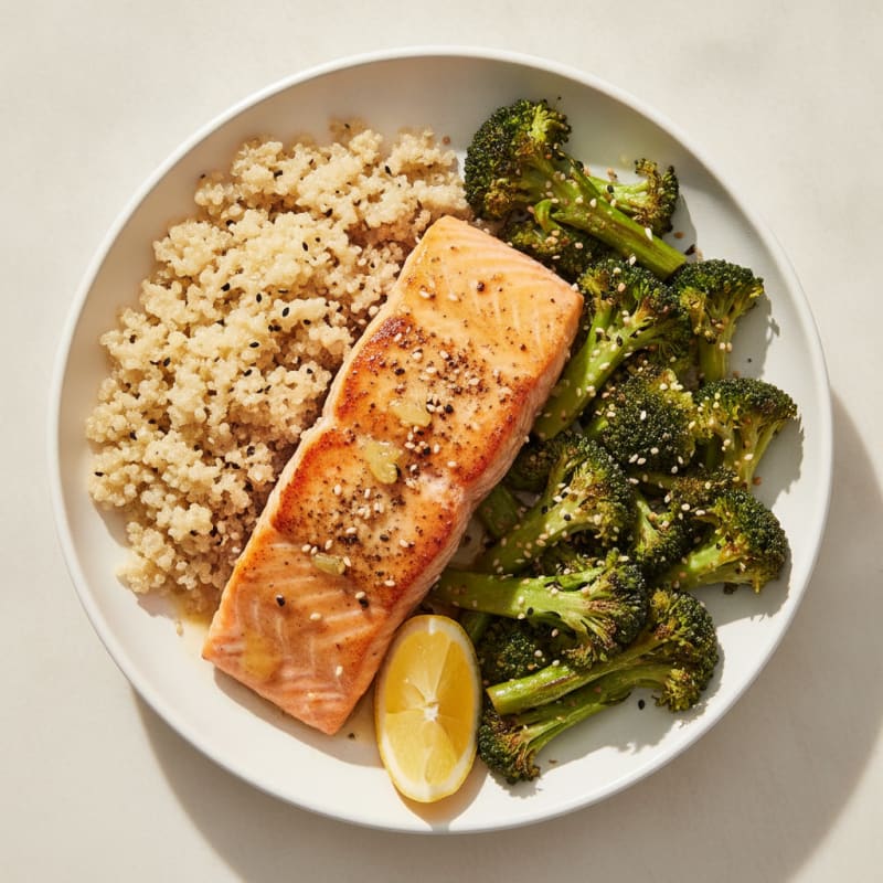 Seared Salmon with Roasted Broccoli and Quinoa