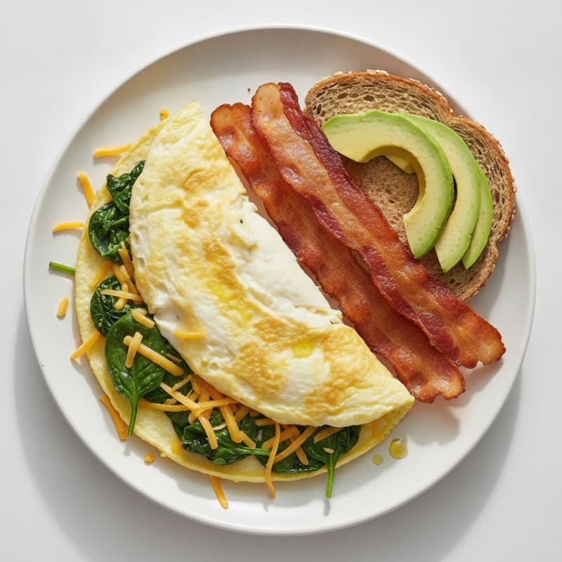 Cheesy Spinach Egg White Omelette with Turkey Bacon