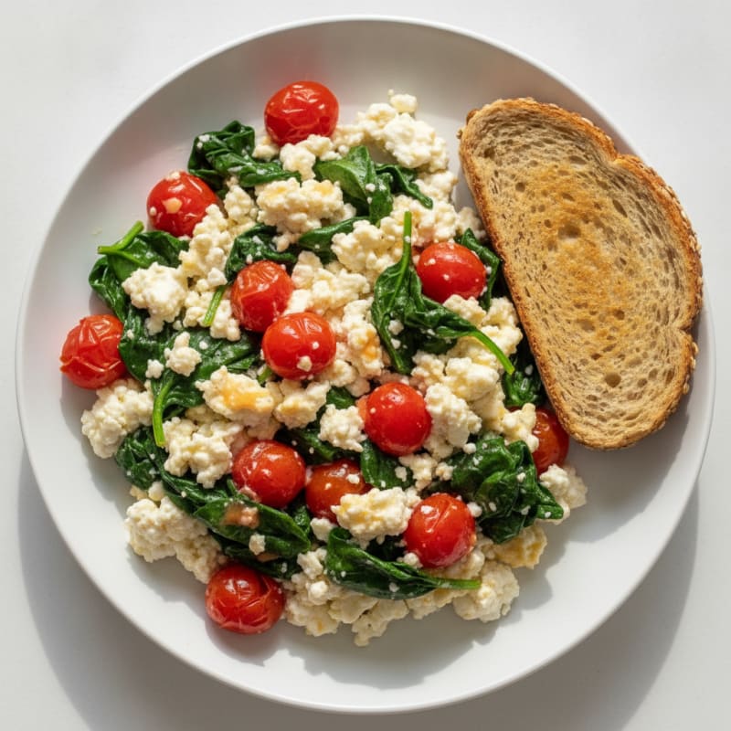 Cottage Cheese Egg White Scramble with Sautéed Spinach and Tomatoes