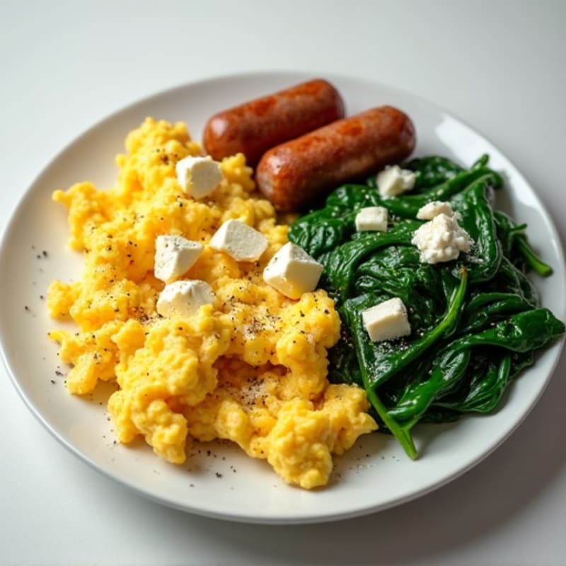Creamy Scrambled Eggs with Turkey Sausage and Sautéed Spinach
