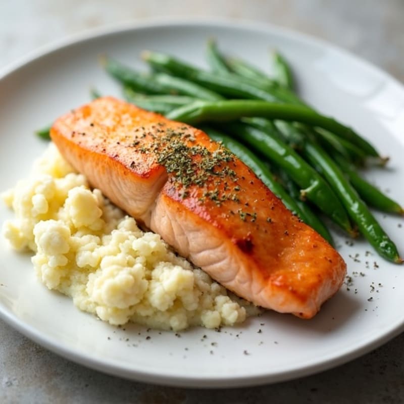 Seared Salmon with Steamed Green Beans and Garlic Mashed Cauliflower
