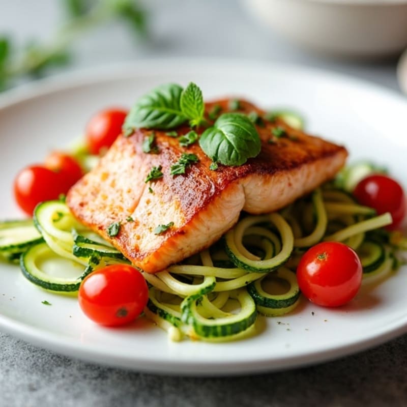 Seared Salmon with Zucchini Noodles and Cherry Tomatoes