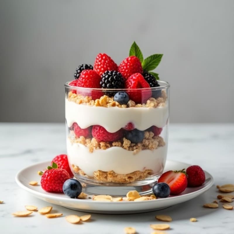 Vanilla Greek Yogurt Parfait with Mixed Berries and Protein Crunch