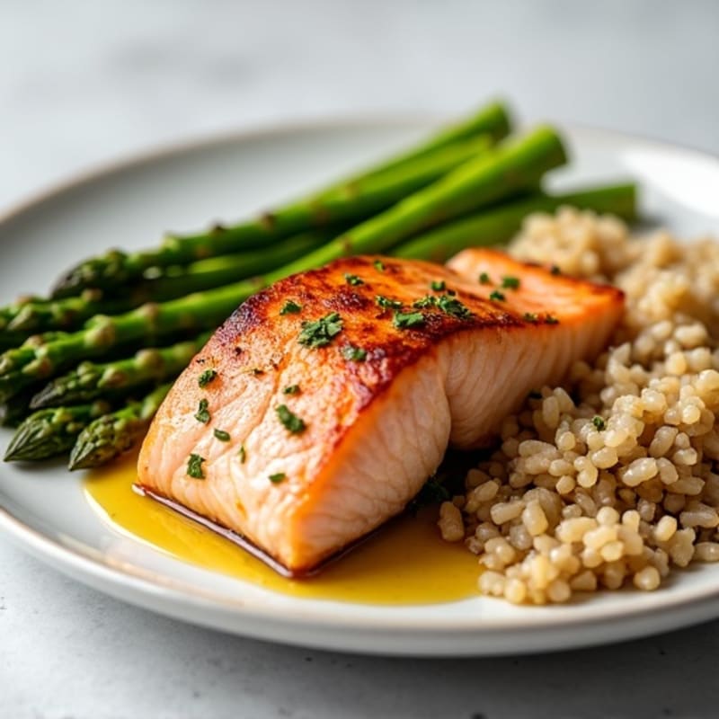 Seared Salmon Fillet with Steamed Asparagus and Brown Rice