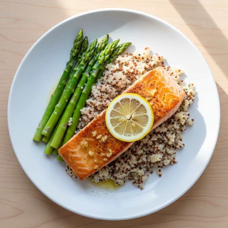 Seared Salmon with Steamed Asparagus and Quinoa