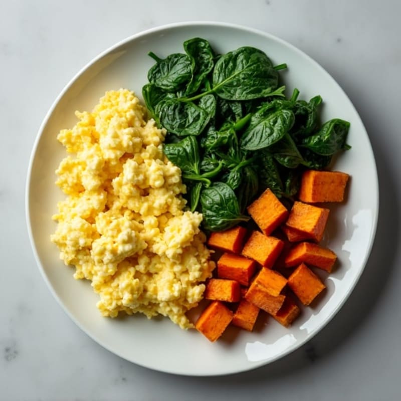 Creamy Scrambled Eggs with Spinach and Roasted Sweet Potatoes