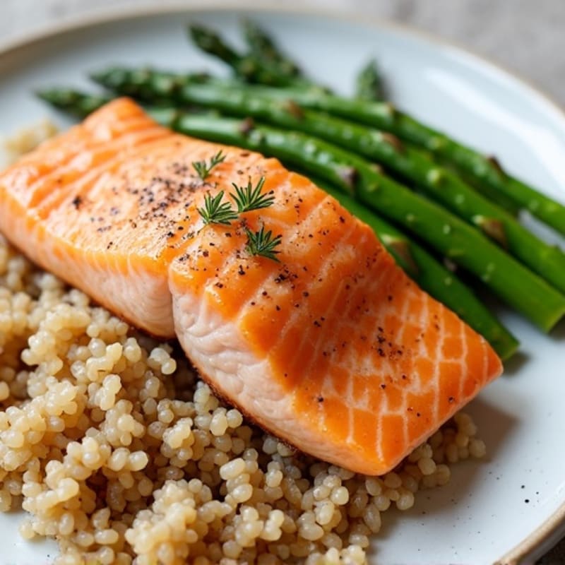Pan-Seared Salmon with Steamed Asparagus and Brown Rice