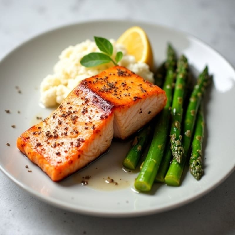 Seared Salmon Fillet with Steamed Asparagus and Cauliflower Mash