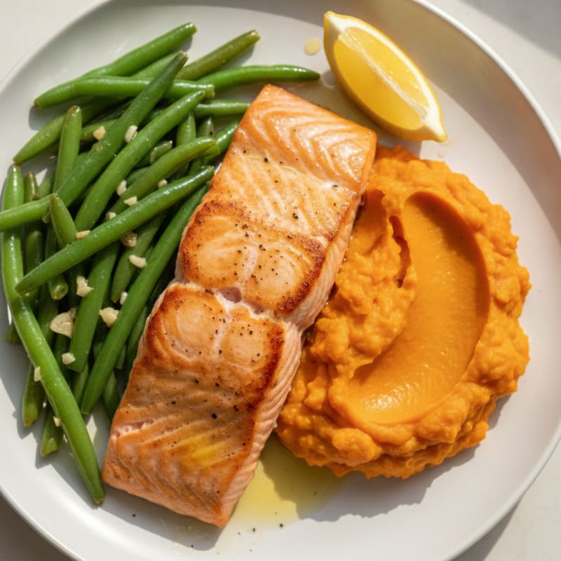 Seared Salmon Fillet with Garlic Green Beans and Mashed Sweet Potato