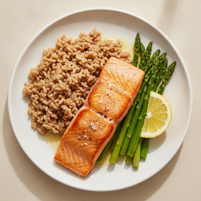 Seared Salmon with Steamed Asparagus and Brown Rice