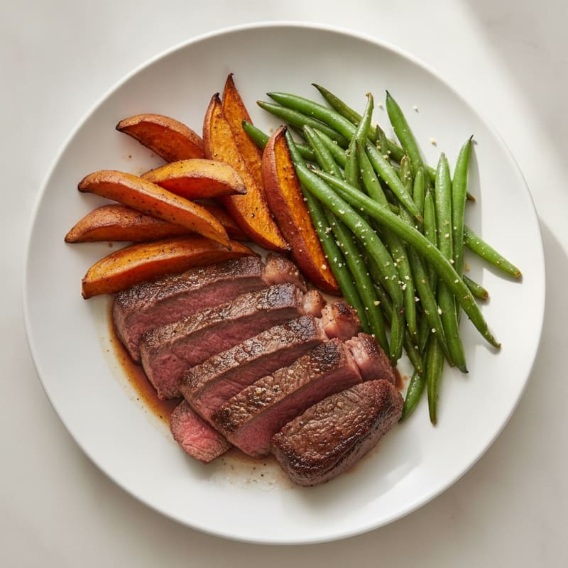 Seared Sirloin Steak with Roasted Sweet Potatoes and Green Beans