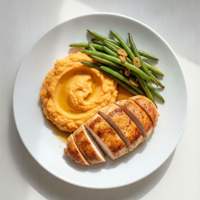 Roasted Chicken Breast with Garlic Green Beans and Sweet Potato Mash