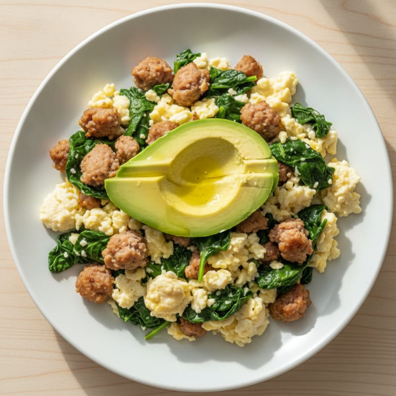 Egg White Scramble with Turkey Sausage and Sautéed Spinach