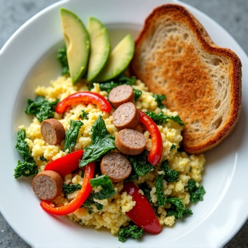 Egg White Spinach Scramble with Turkey Sausage and Sautéed Peppers