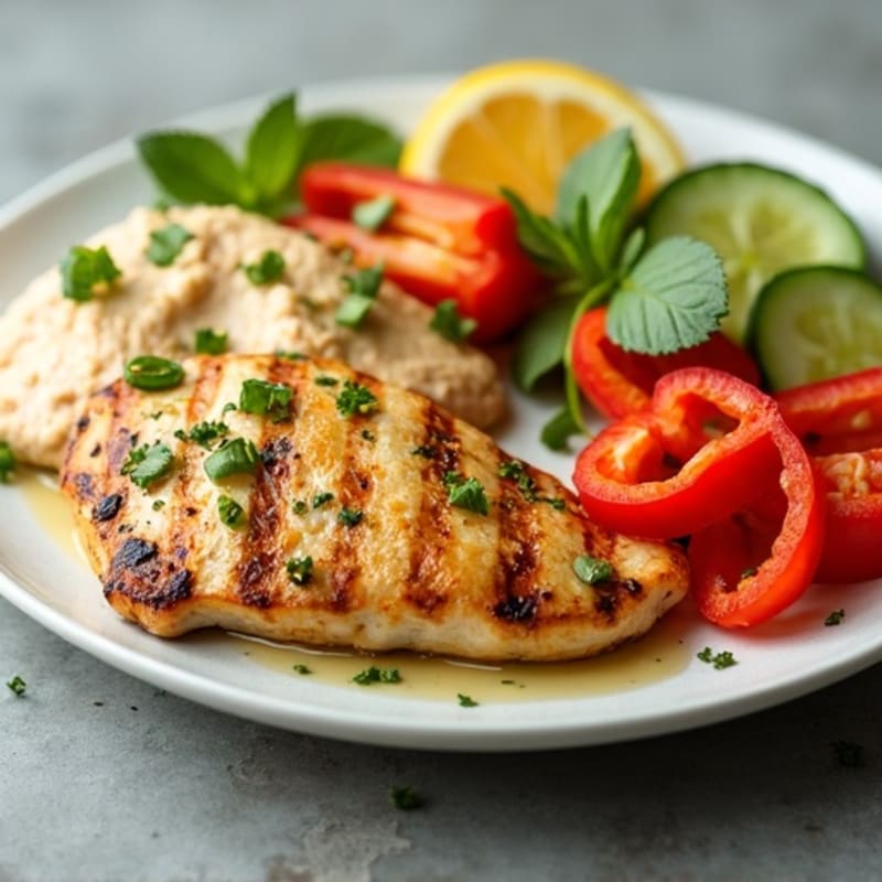 Grilled Lemon Chicken with Creamy Hummus and Fresh Crisp Vegetables