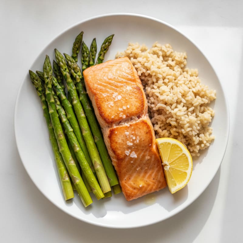 Seared Salmon Fillet with Roasted Asparagus and Brown Rice