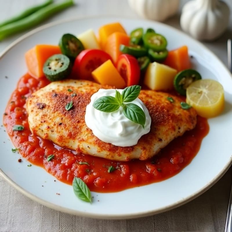 Spiced Chicken with Creamy Tomato Sauce and Roasted Vegetables