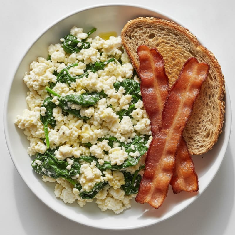 Cottage Cheese Scramble with Spinach and Turkey Bacon