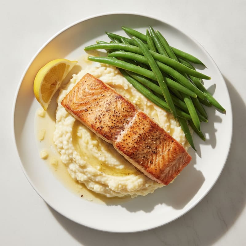 Seared Salmon with Creamy Garlic Cauliflower Mash and Steamed Green Beans