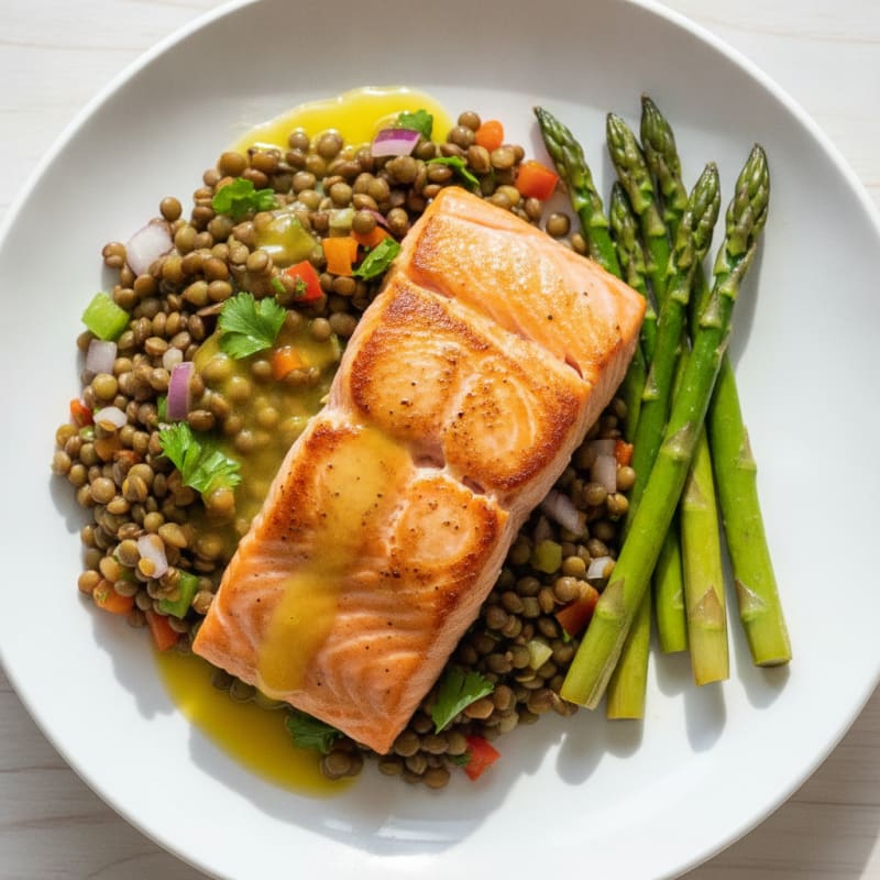 Seared Salmon Fillet with Lentil Salad and Steamed Asparagus