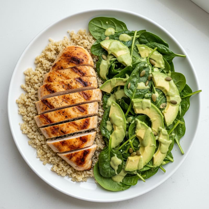 Grilled Chicken Breast with Quinoa and Creamy Avocado Spinach Salad