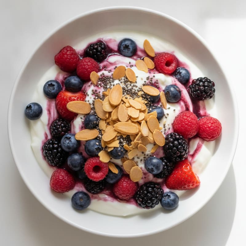 Greek Yogurt Protein Parfait with Mixed Berries and Almonds