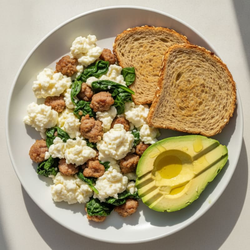 Egg White Scramble with Turkey Sausage and Sautéed Spinach