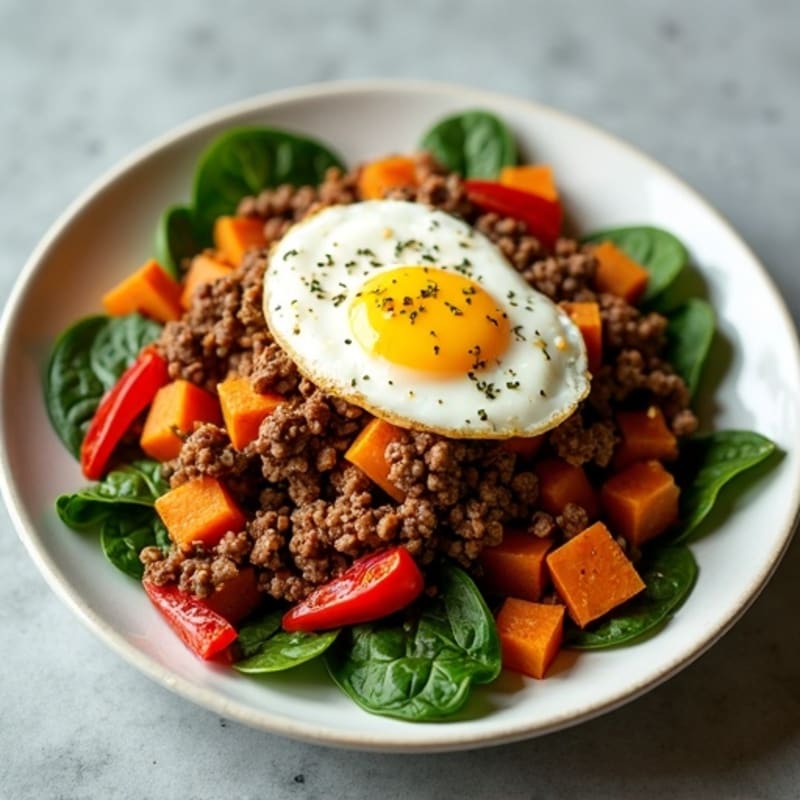 Savory Ground Beef and Roasted Sweet Potato Hash