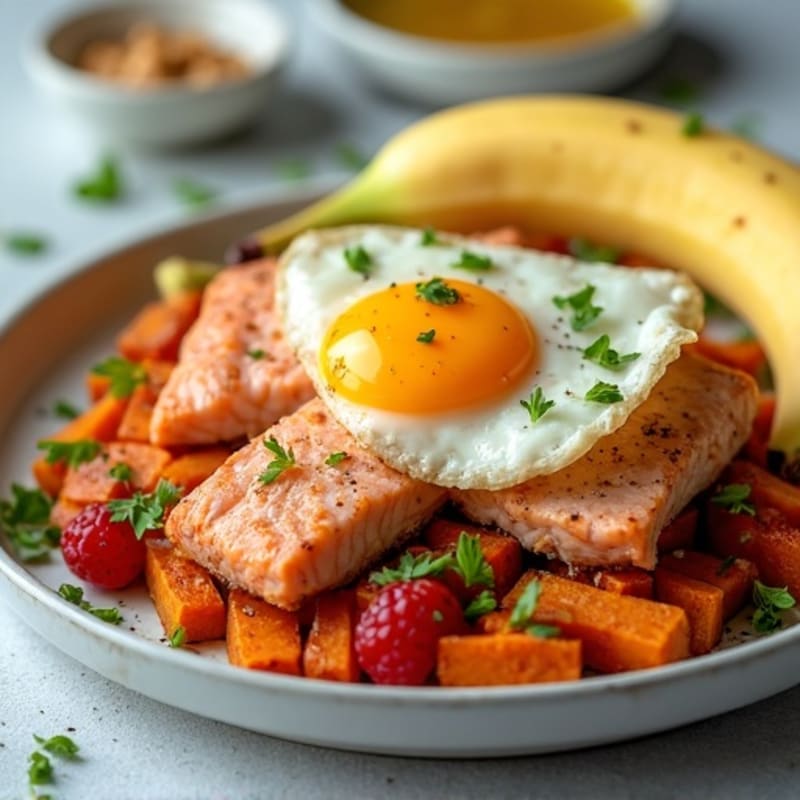 Flaky Pan-Seared Salmon and Sweet Potato Hash with Sunny-Side Up Egg, plus Banana with Creamy Almond Butter