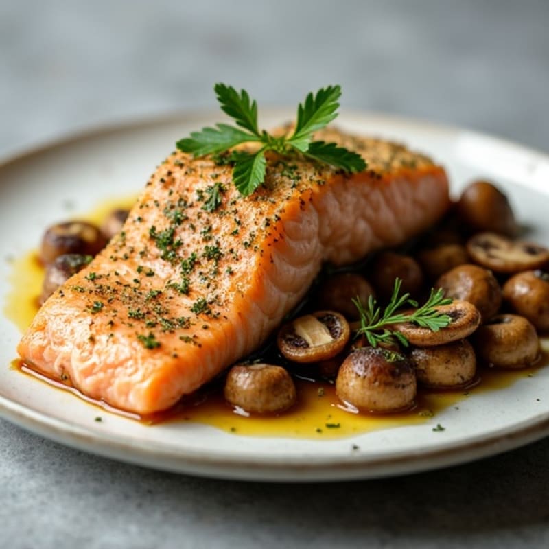 Herb-Crusted Salmon with Roasted Garlic Butter Mushrooms