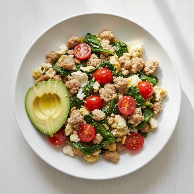 Egg White and Turkey Sausage Scramble with Spinach and Tomatoes