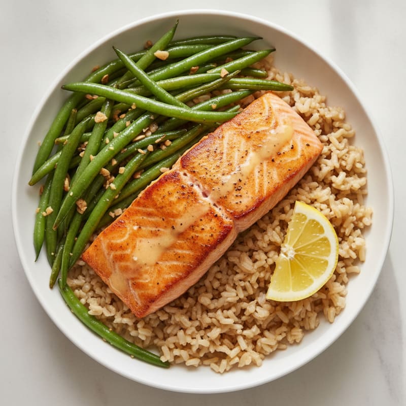 Seared Salmon with Garlic Green Beans and Brown Rice