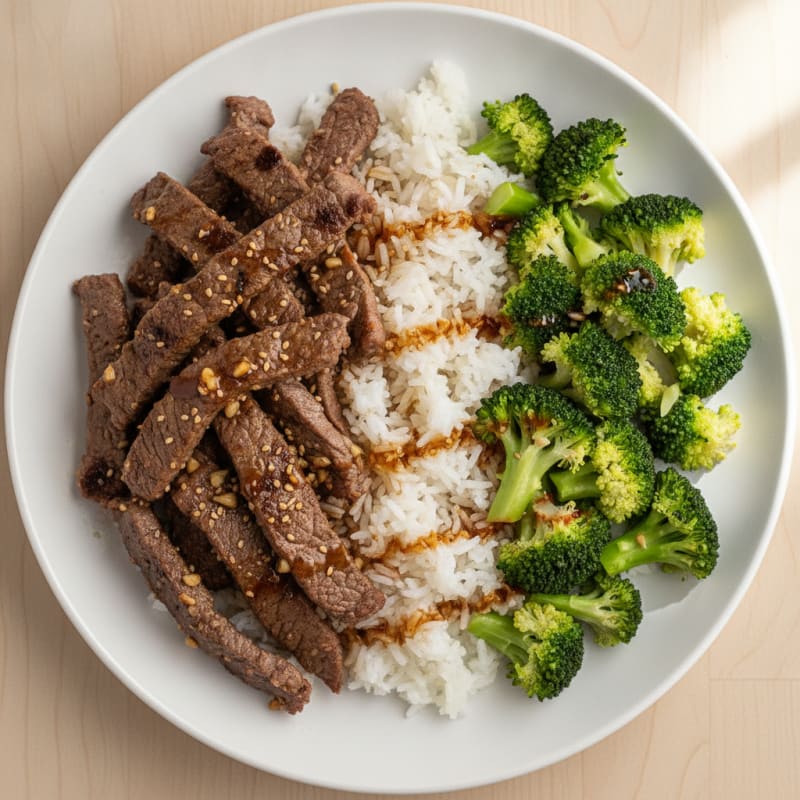 Seared Beef Strips with Steamed Rice and Broccoli