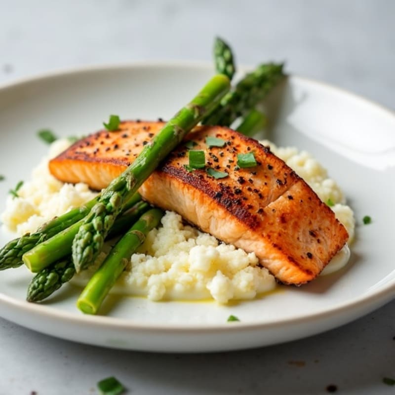 Seared Salmon with Steamed Asparagus and Cauliflower Mash